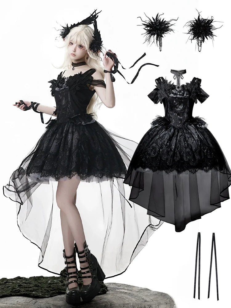 Your Princess - Star Swan Dream - Black Gothic Lolita JSK Dress, Swan Embroidery