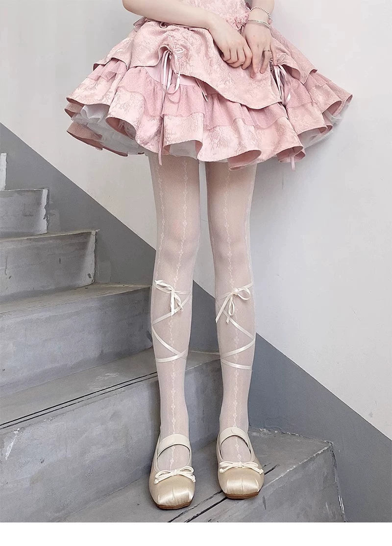 Floral Milk Cat - Ribbon Line - Lace-up tights