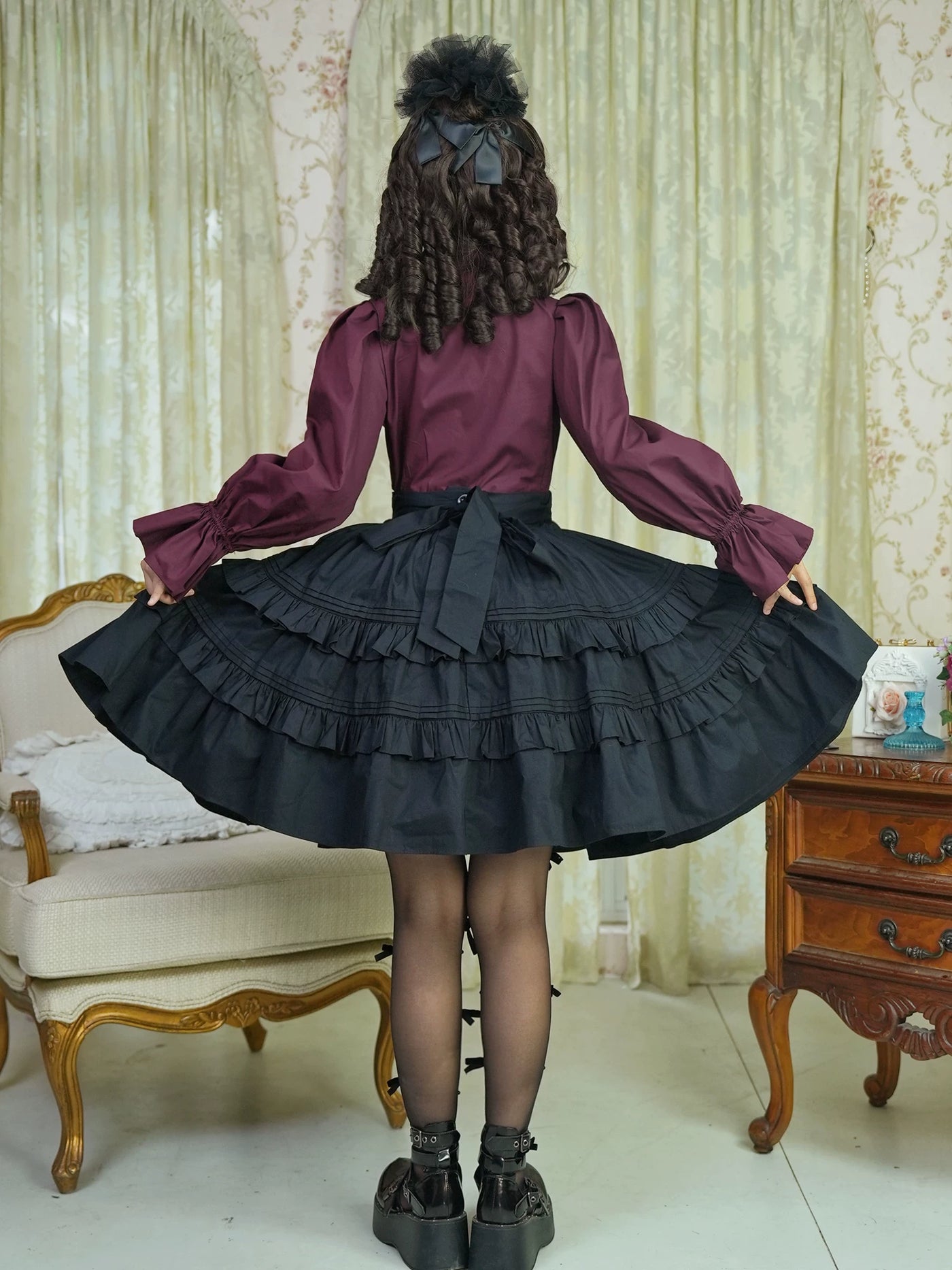 LACE GARDEN - Dark Chamber Rose - 360-Degree Full-Circle Ruffle Skirt