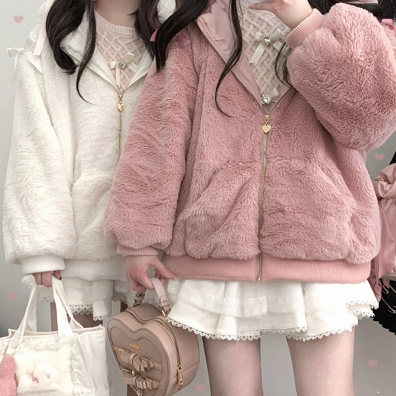 KittyBxllet Lace-Up Bunny Plush-Ear Zip Jacket — Pink