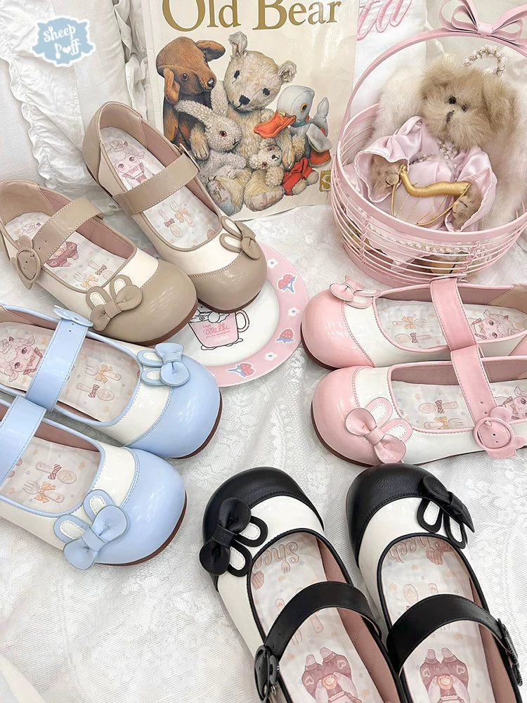 Sheep Puff Bunny Milk Candy low heel Lolita shoes featuring pastel colors and adorable bunny and sheep puff details.