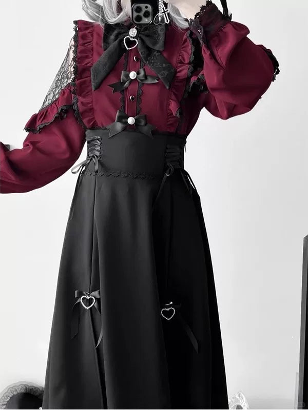 Creamy - Lace Heart - Wine-Red Blouse and Black Skirt Set with Lace Trim