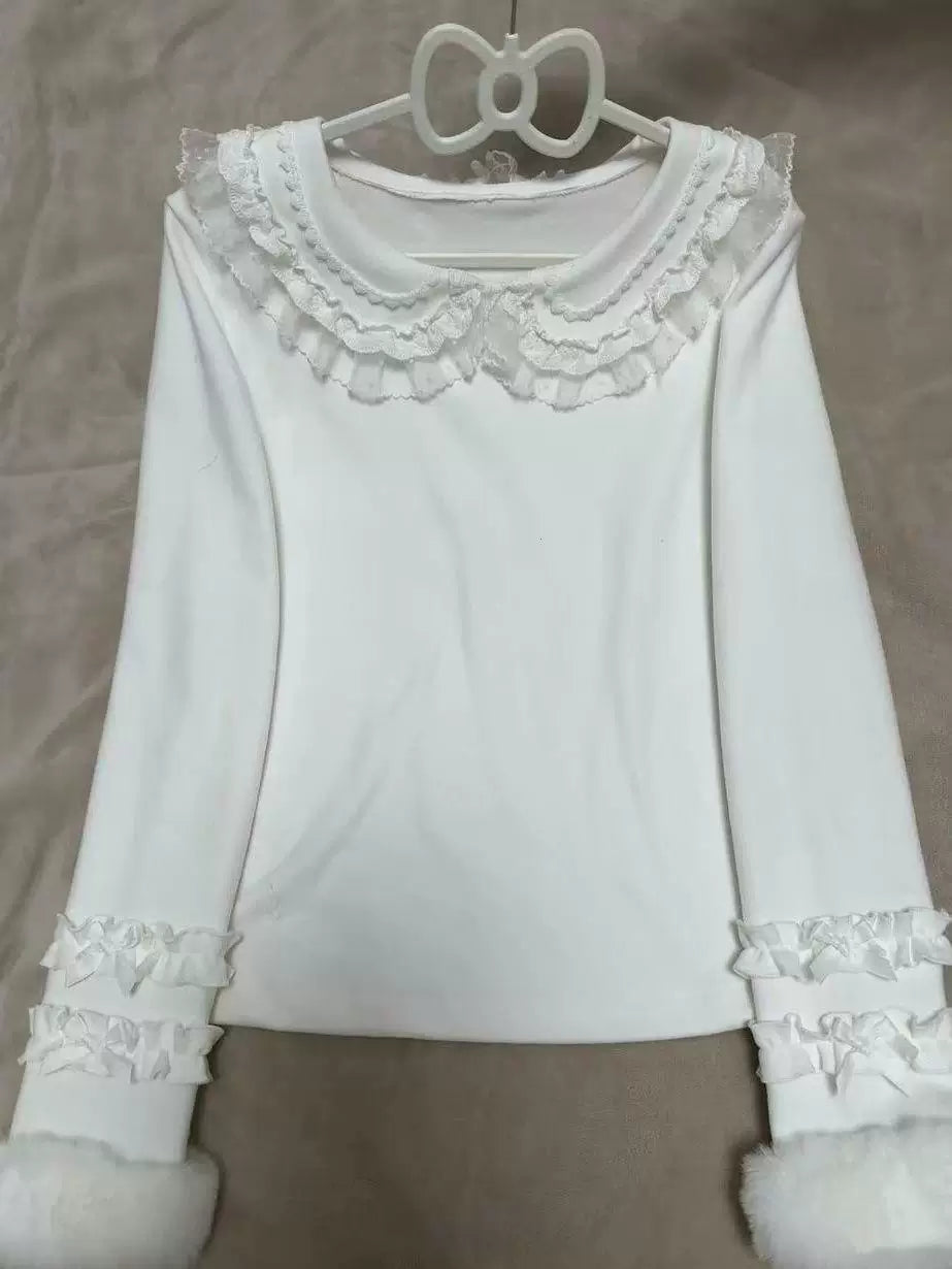 Sweetheart Dream Machine - Doll Collar - White Long-Sleeve Top with Layered Lace Ruffles