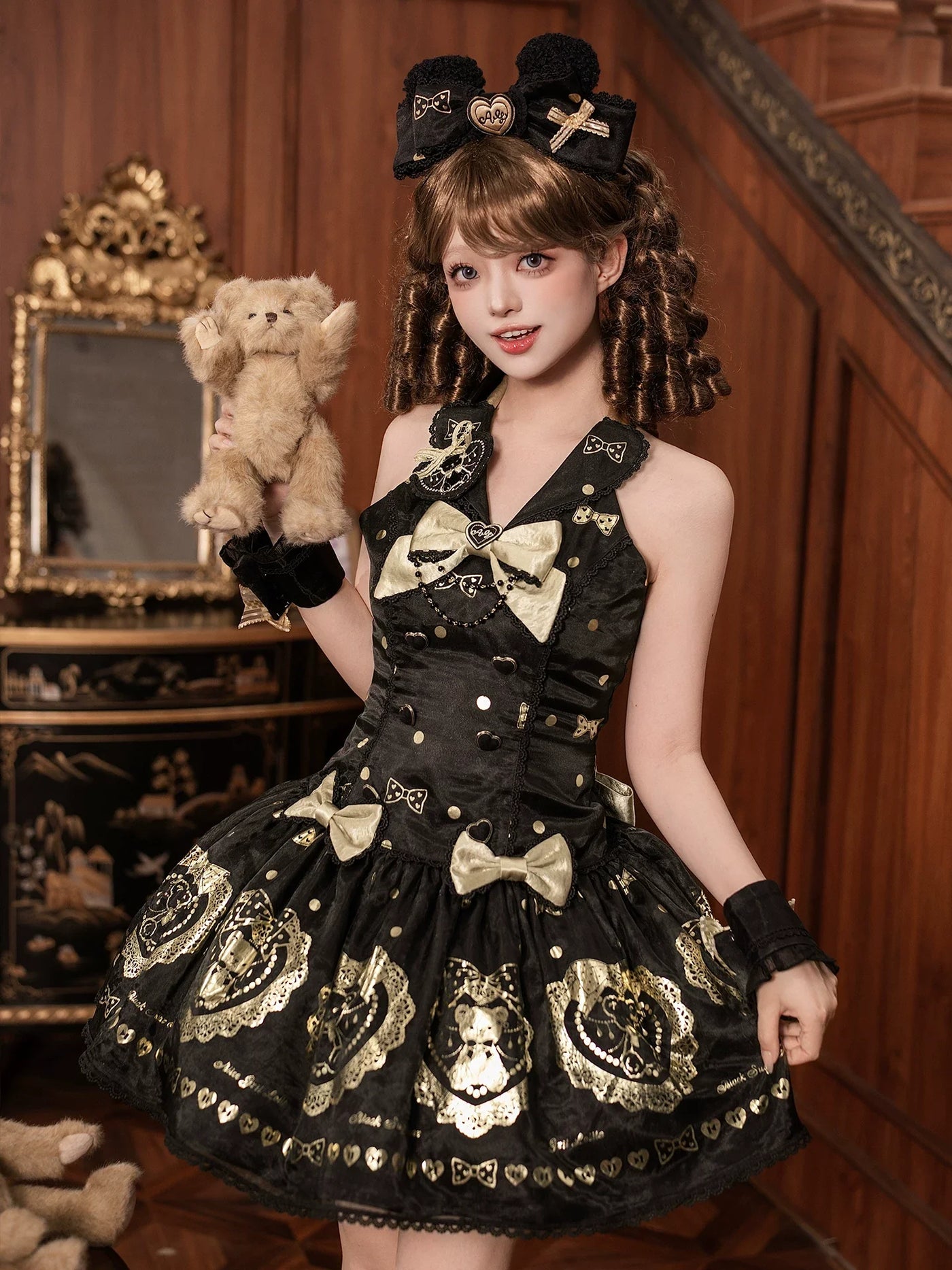 Alice Girl - Brown Sugar Bear - Old School Lolita OP & Halter Dress, Bear Print