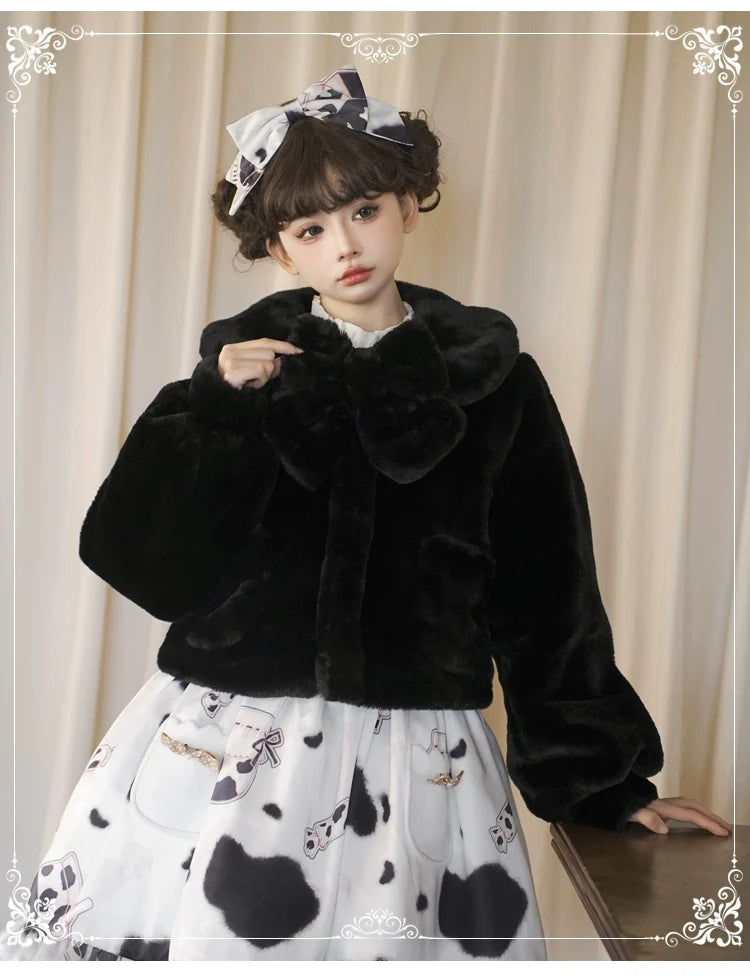 Eieyomi - Daily Lolita - Short Winter Coat with Doll Collar and Plush Chest Bow - product detail 10
