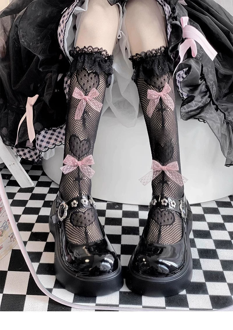 Floral Milk Cat - Ballet Bow - Lace-trimmed ribbon socks