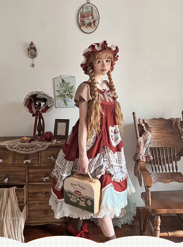 Baozi Pig - Cherry Pastoral - Red OP Dress with Cherry Print