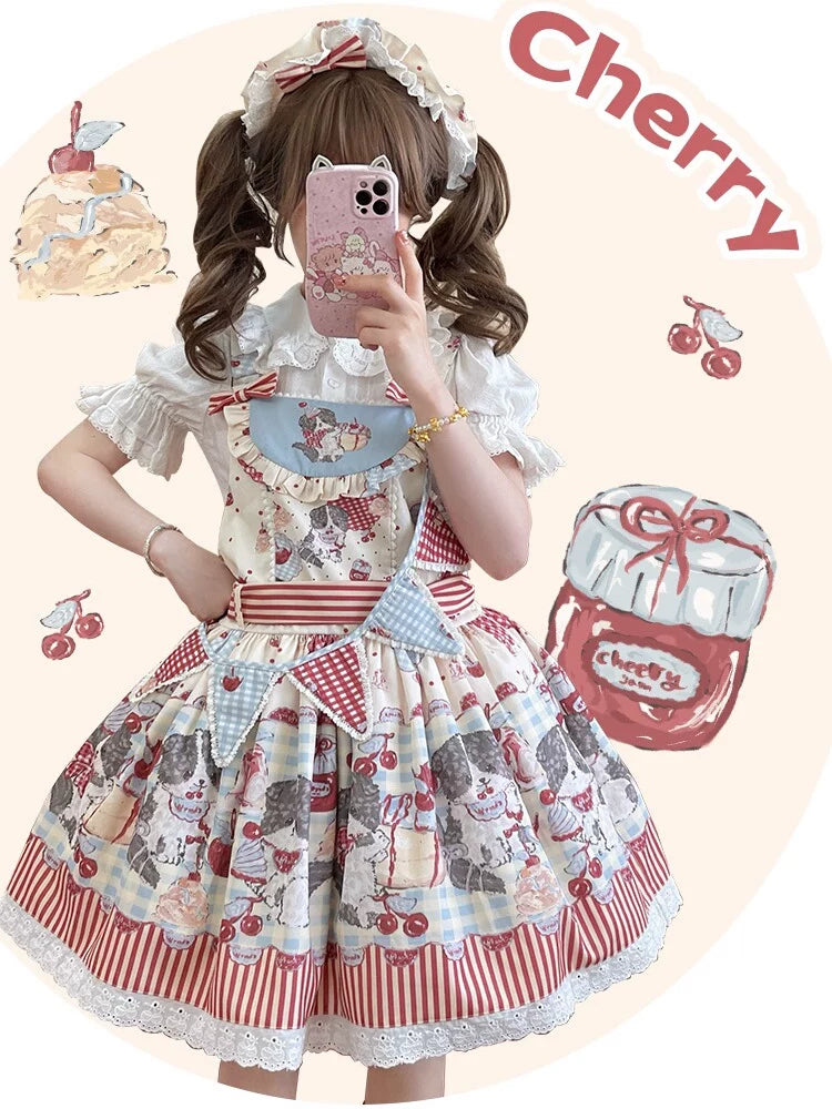 GZYRZ - Border Collie Cherry - Cream Suspender JSK with Cherry and Border Collie Print