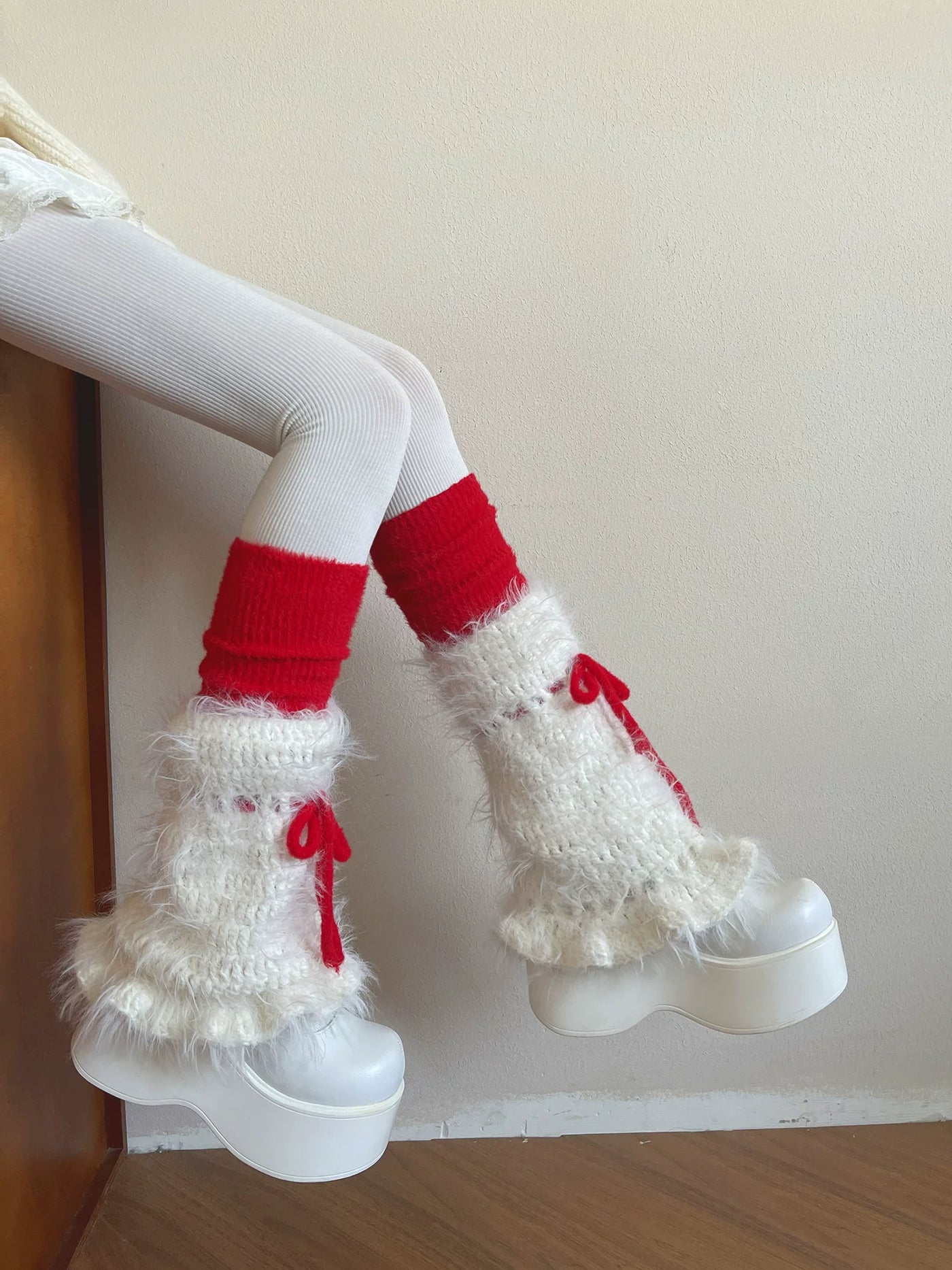 Sock Noble - Christmas Bichon - Hand-Crocheted Sock Covers with Red Bows