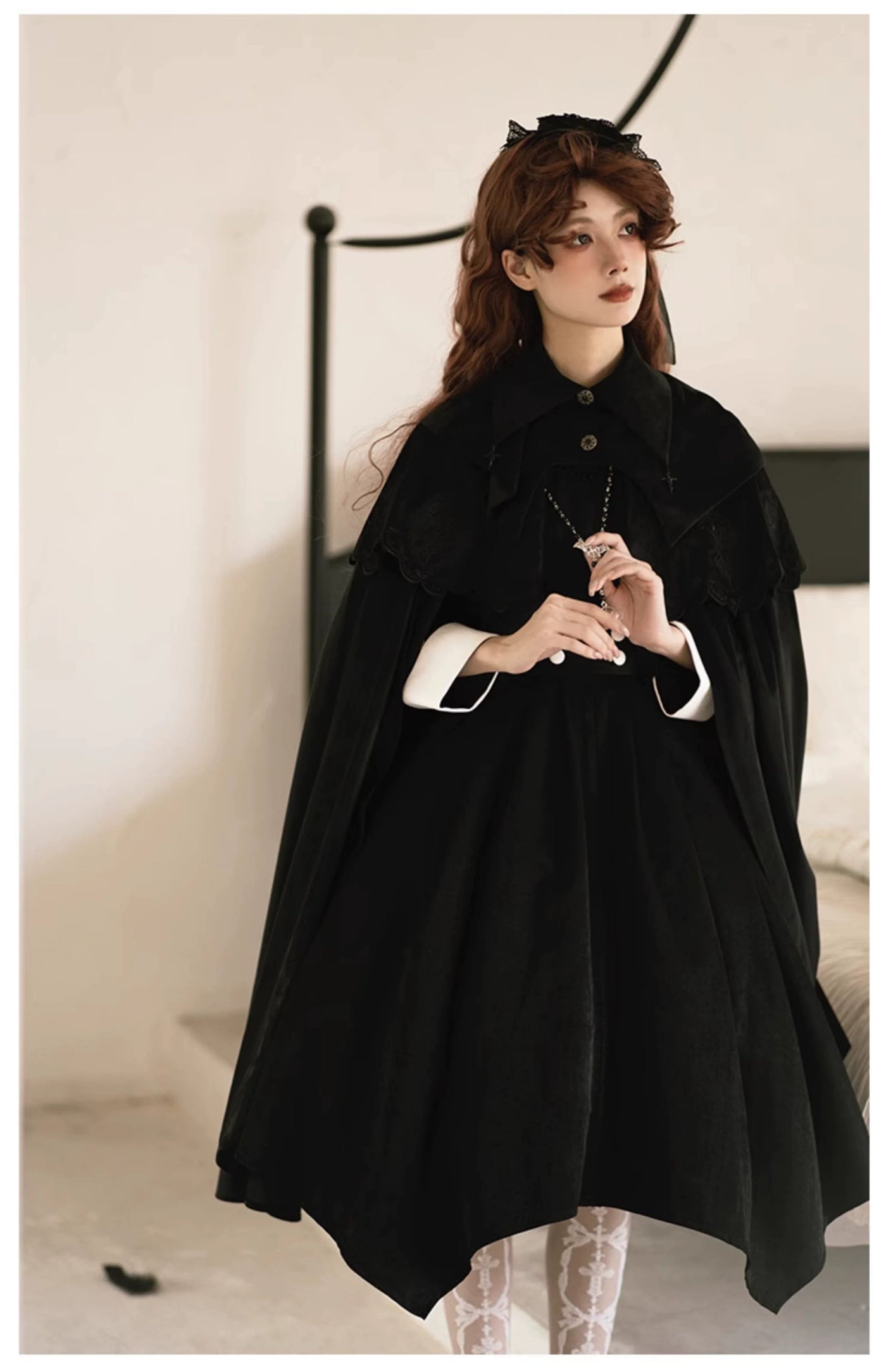 With PUJI - Pilgrim - Black Gothic Lolita Cape, Detachable 2-Piece