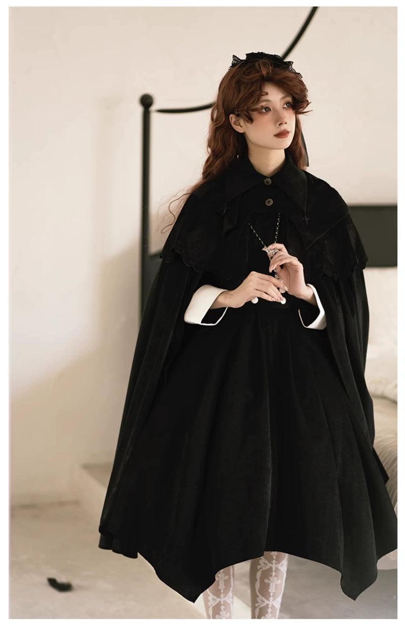 With PUJI - Pilgrim - Black Gothic Lolita Cape, Detachable 2-Piece