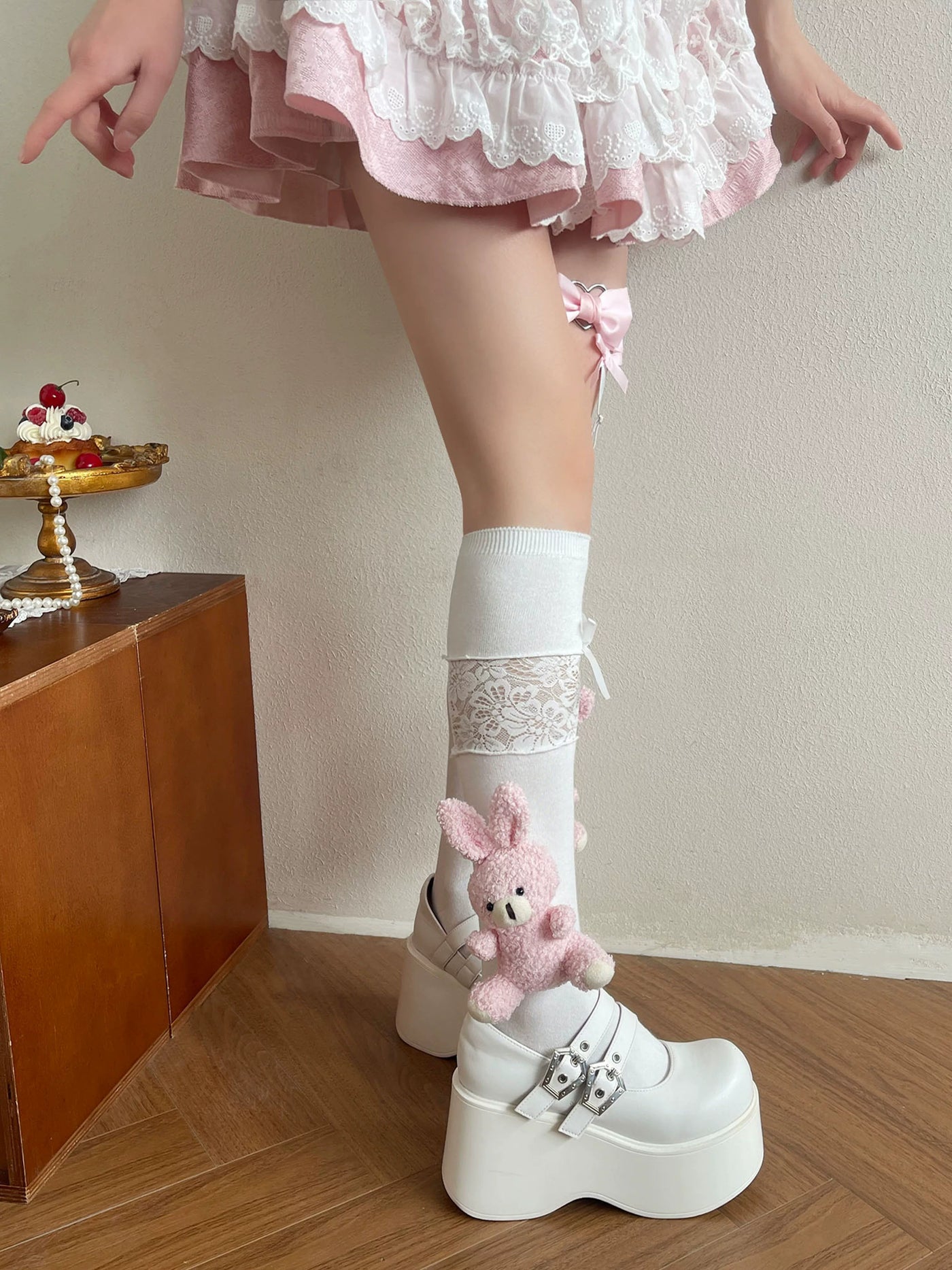 Sock Noble - Antique Doll Lace - White Mid-Calf Socks with Lace Panels