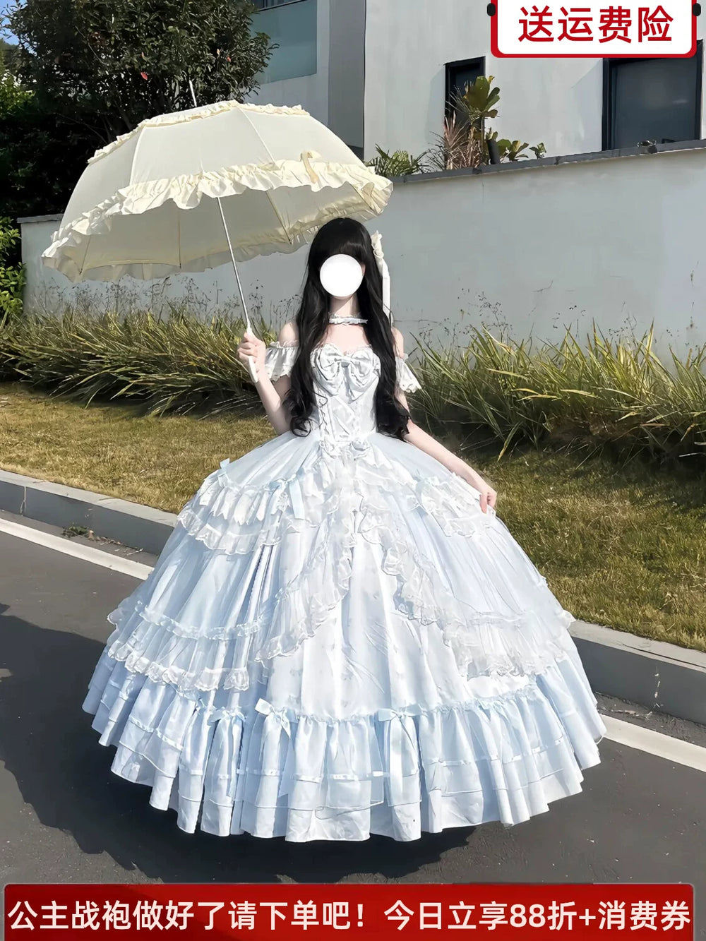 Pale blue Sweet Lolita formal gown with off-shoulder neckline and tiered ruffled skirt, displayed on a mannequin