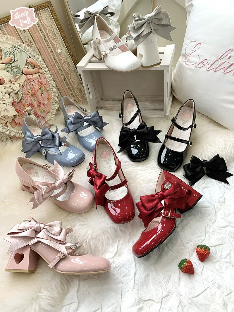 Sheep Puff Valentine Bow Mary Jane shoes featuring adorable sheep puff details and a charming bow on black leather shoes