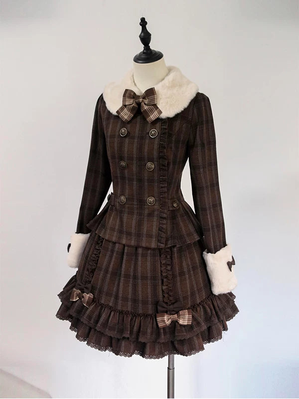 Warm brown plaid coat and skirt set with a fluffy collar, bows and ruffled hem on a mannequin.