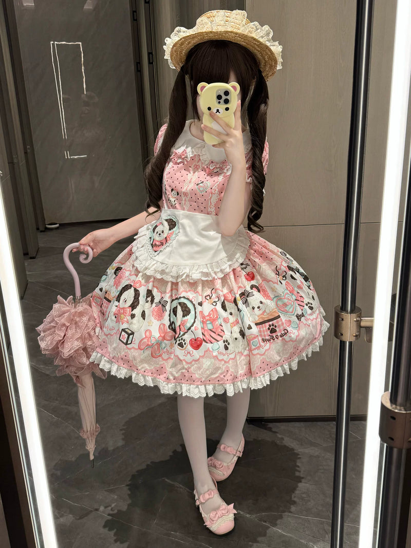 Yanran Sweet Lolita OP dress in pink with cartoon puppy print, lace trim, and puffed short sleeves
