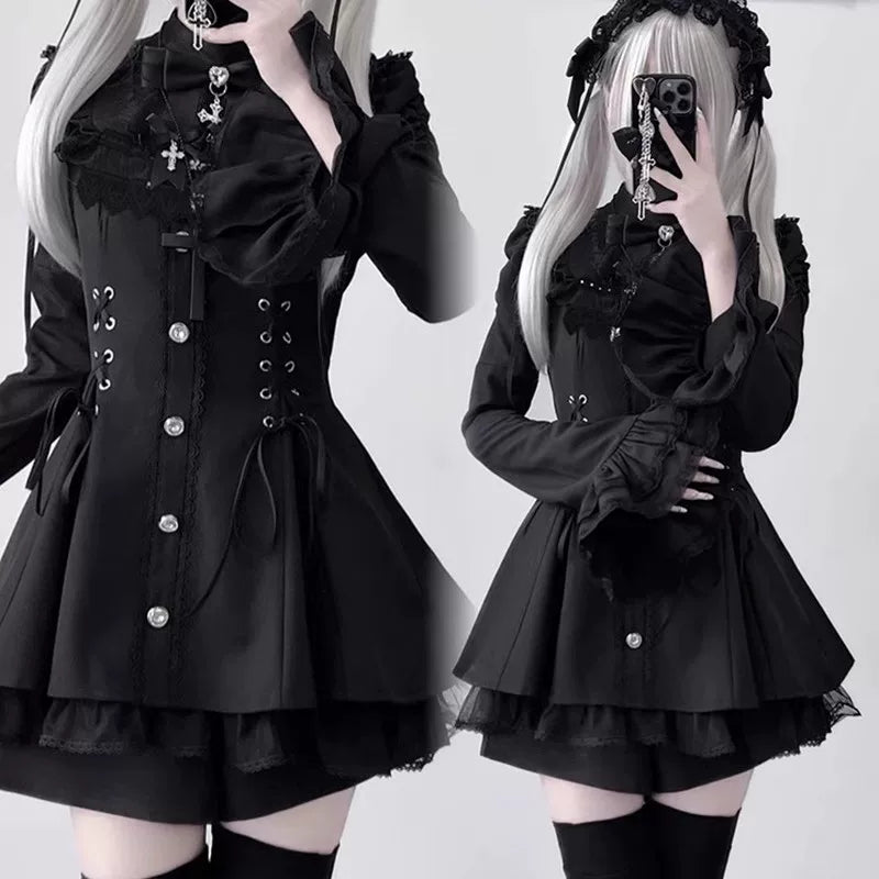 Creamy black one-piece dress set with lace ruffles, front lacing, and flared cuffs