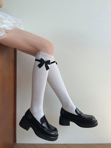 Sock Noble - Lace Bow - Cotton Mid-Calf Slouch Socks with Lace Cuffs