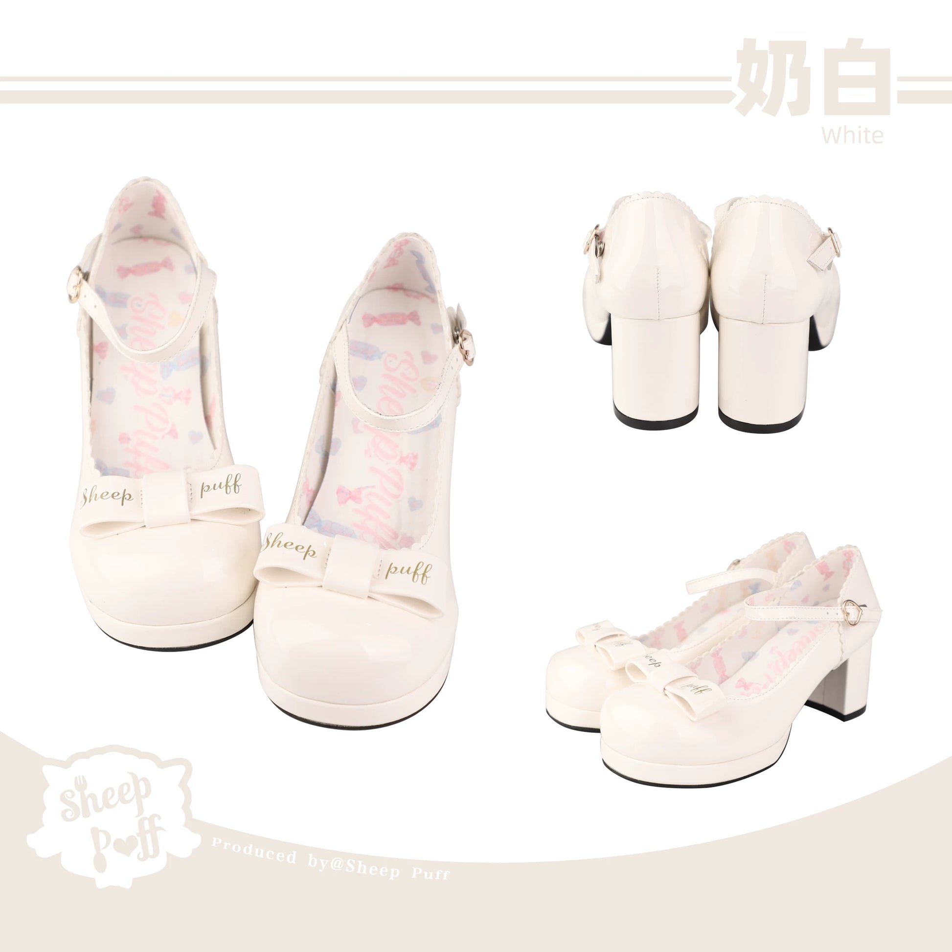 Sheep Puff Souffle Bow Lolita Heels featuring soft puff design, adorable bow accents, and a stylish shoe silhouette.