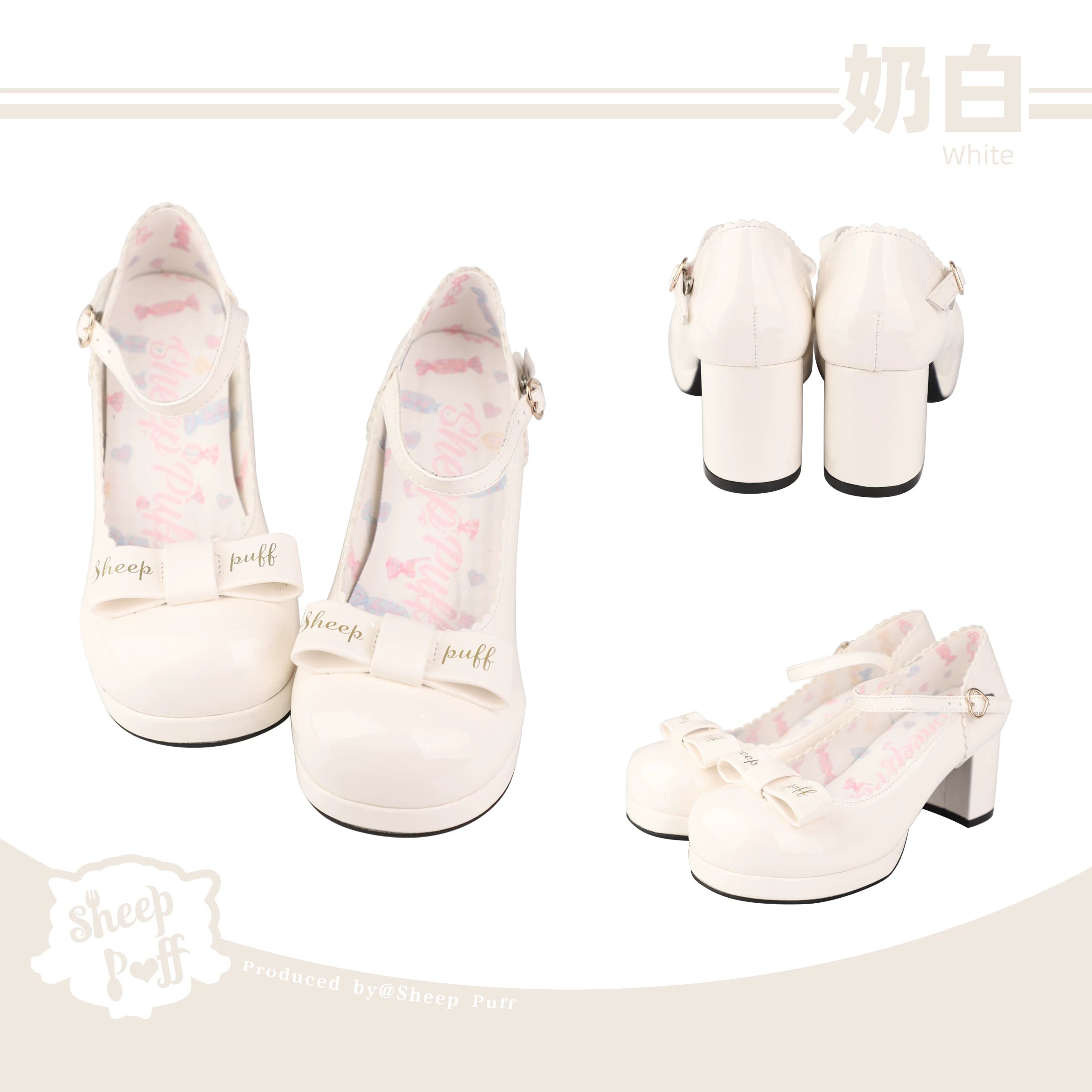 Sheep Puff Souffle Bow Lolita Heels featuring soft puff design, adorable bow accents, and a stylish shoe silhouette.