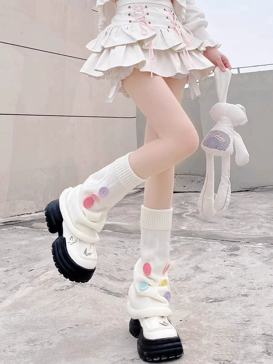Floral Milk Cat - Buttoned Slouch - Leg Warmers with Button and Plain-Knit Styles