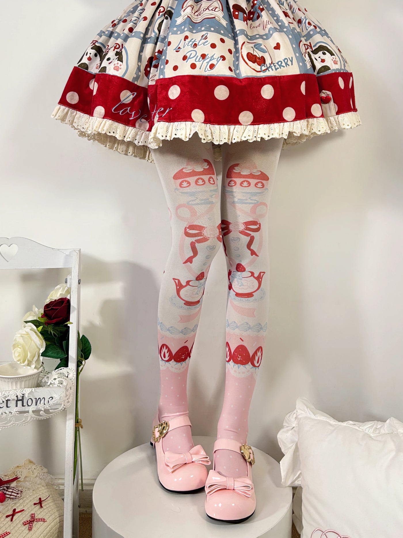 Fantasy Doll - Strawberry Cake - 60D Velvet Printed Pantyhose with Strawberry Motifs