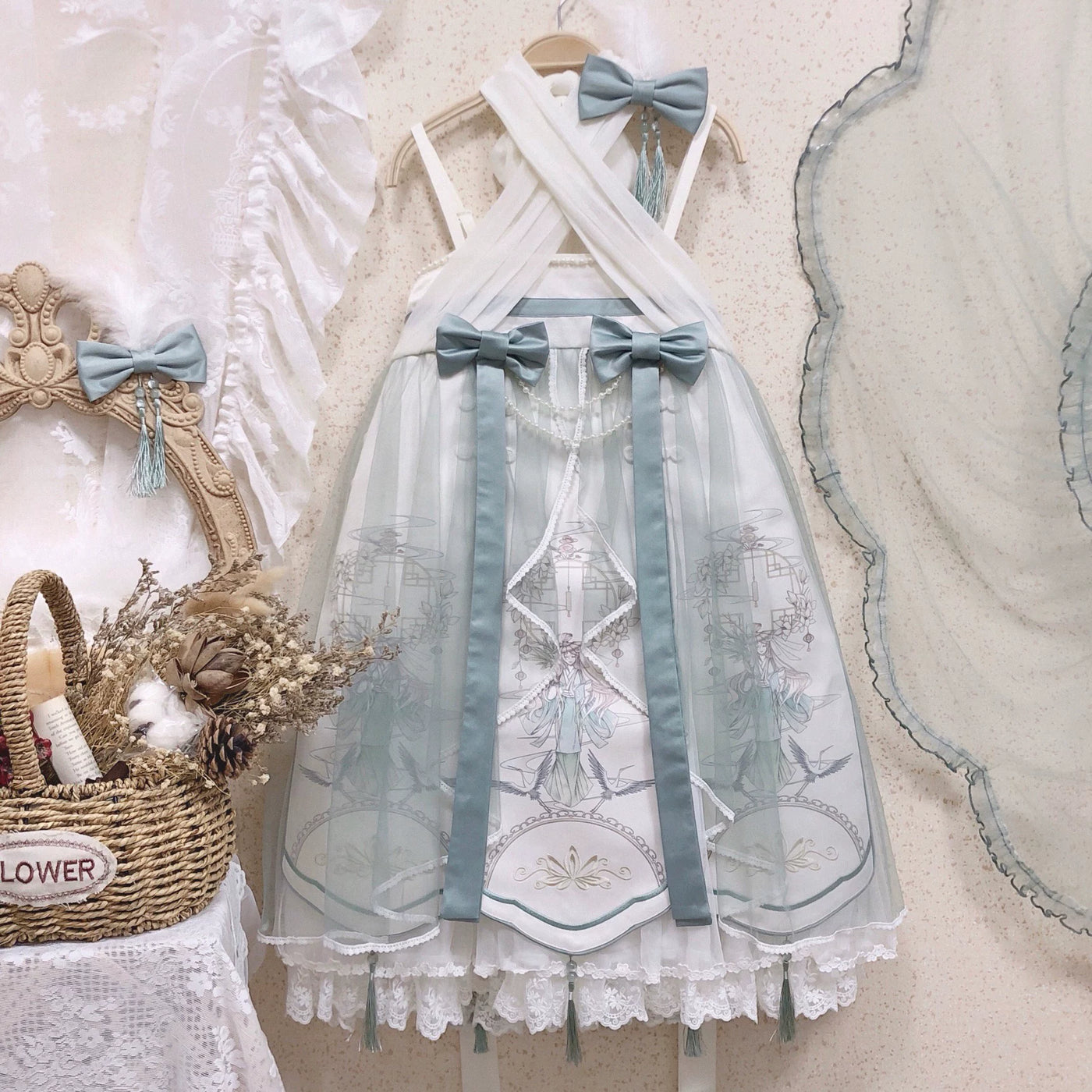 Model wearing a white and lavender Chinese-inspired unicorn pharmacist JSK with lace sleeves.