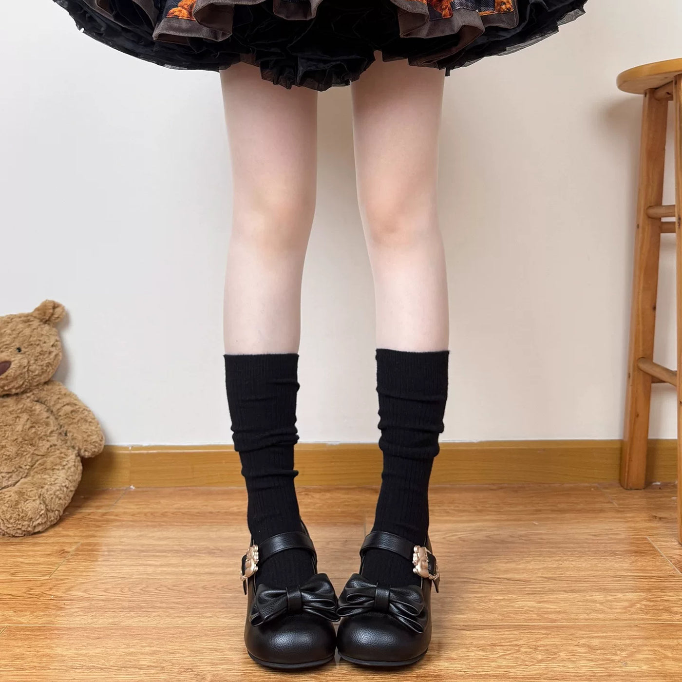 Chubby Bear Tales - Caramel Cocoa - Lolita slouch socks with a gathered ribbed leg
