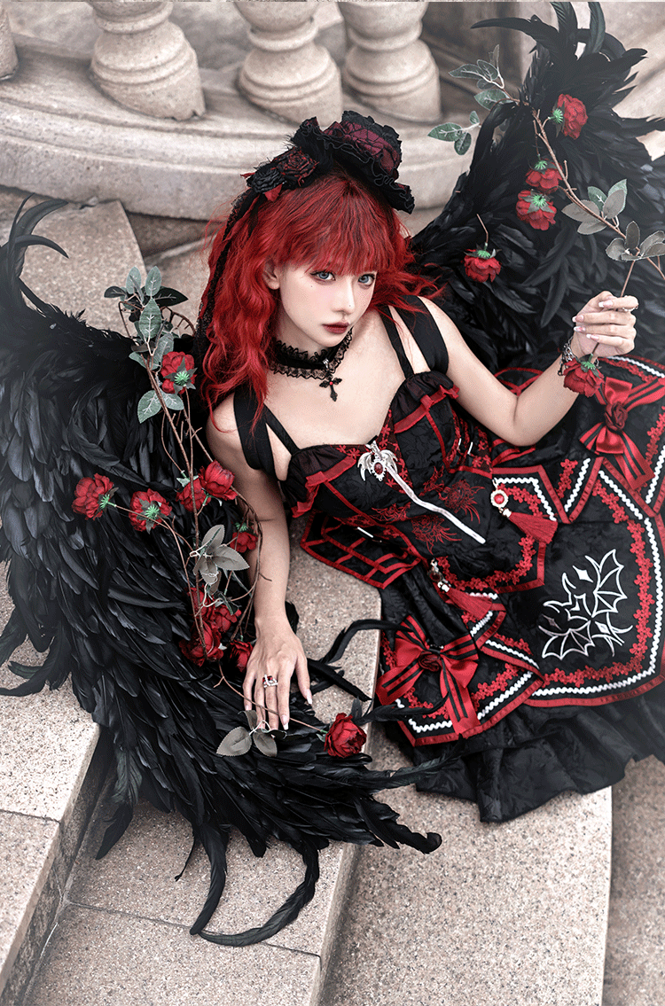 OCELOT - Dark Bat Motion - Black-and-Red Gothic Lolita JSK Dress with rose and cross embroidery - product detail 6