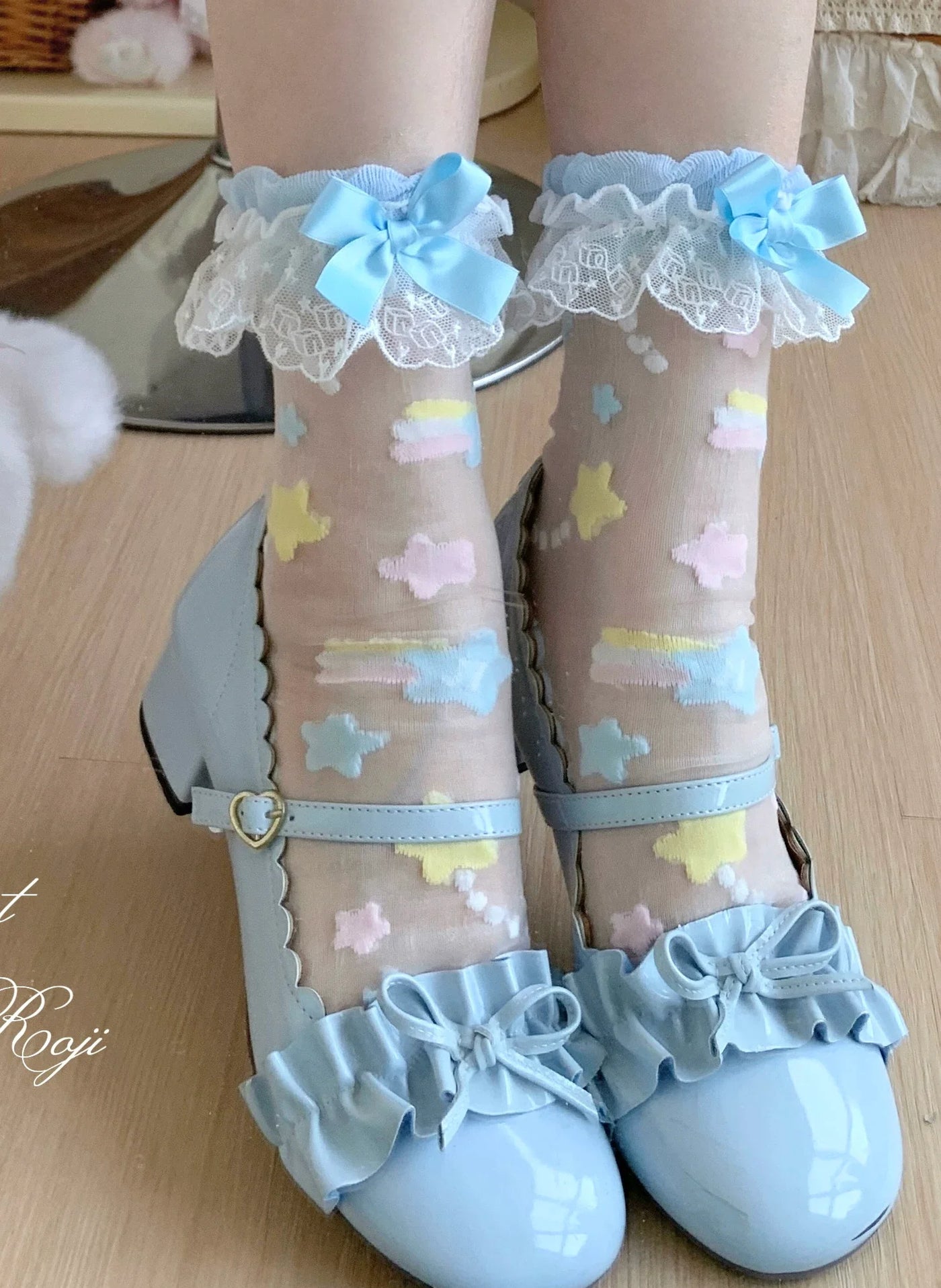 Sweet Lolita Star Embroidered Socks with Colorful Satin Bow Colorful Star Socks with Blue Bow