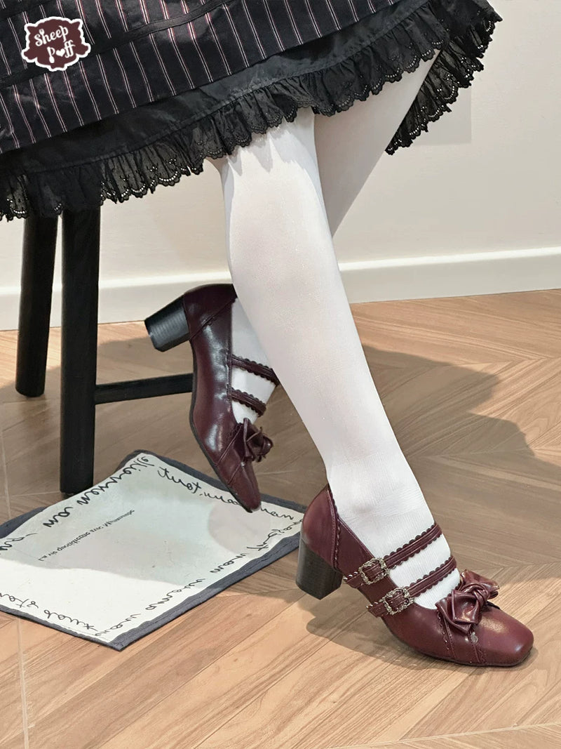 Sheep Puff Squared Bow 2.0 mid heel Lolita shoes featuring a square bow design and stylish footwear for fashion enthusiasts.