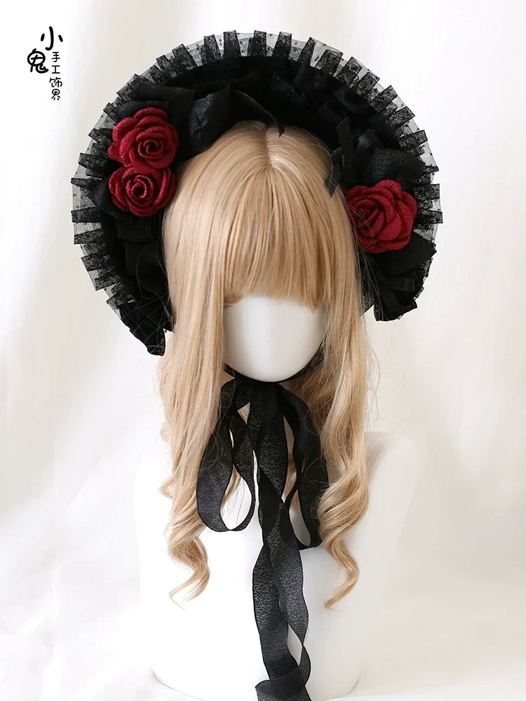 Xiaogui - Gothic Lolita Black Lace Flowers - Bonnet Headwear