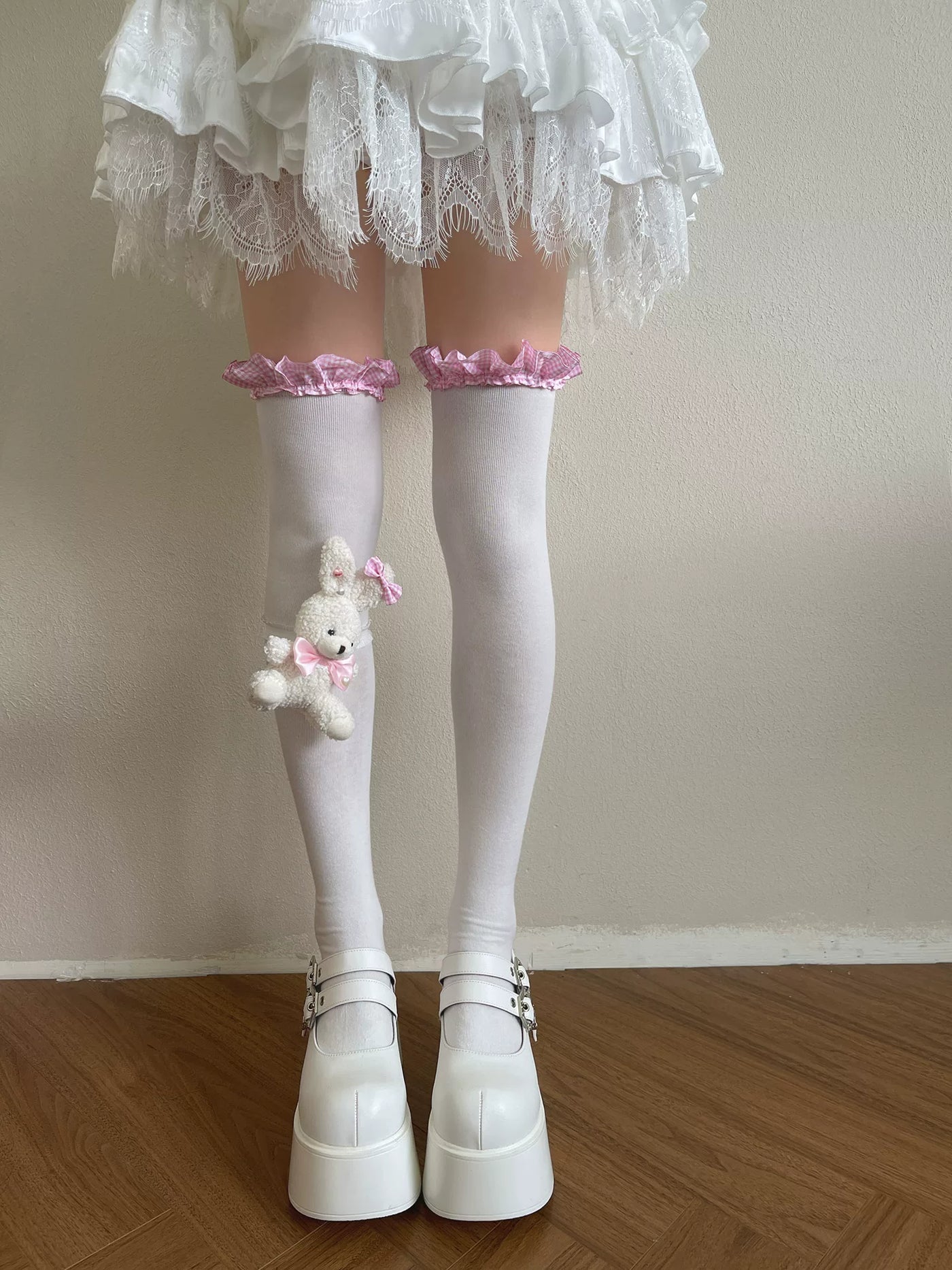 Sock Noble - Dreamy Rabbit - Plaid Lace-Trimmed Over-the-Knee Socks with Leg-Ring Options