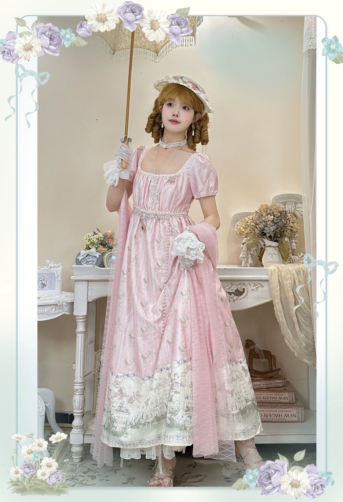 Cat Upon Cat - Angel Garden - Empire-Waist One-Piece Dress with a Garden Scene Hem