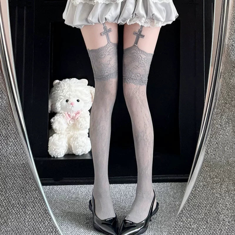 Fantasy Doll - Cross Lace - Floral Fishnet Over-the-Knee Tights with Cross Garters