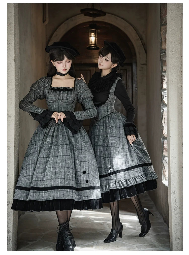 With PUJI - Yesterday's Epistle - Winter Classic Lolita Plaid Dress Set, Fishbone Waist