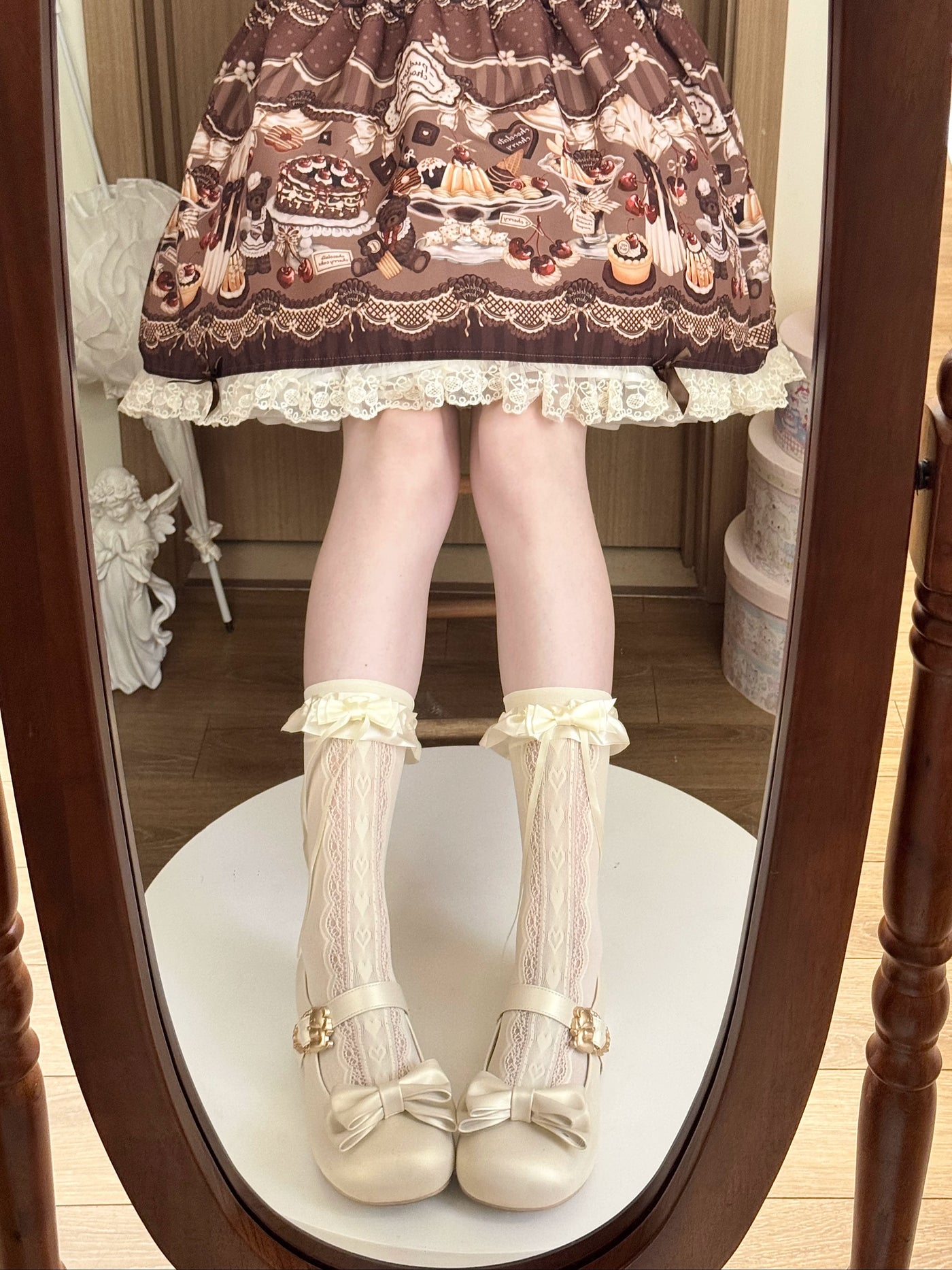Heart jacquard yellow Sweet Lolita mid-calf sock with bow and lace trim