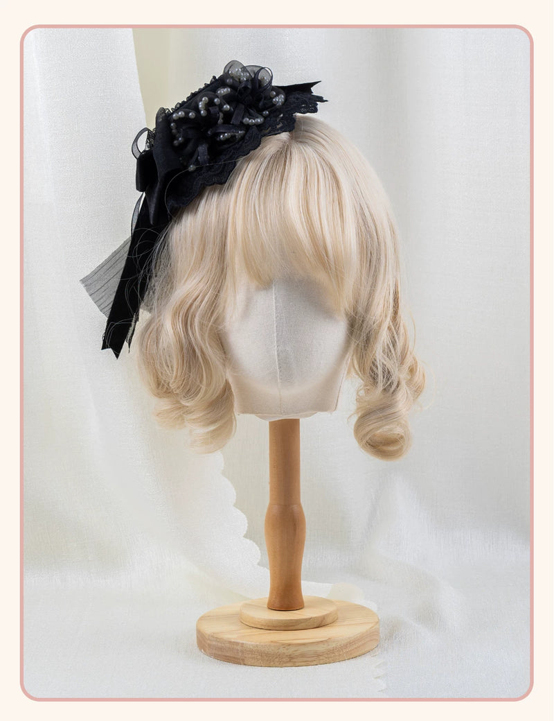 Stardust Rose - A035 Black Lace - Black Lace Headwear and Hand Sleeves with Ribbon Bows