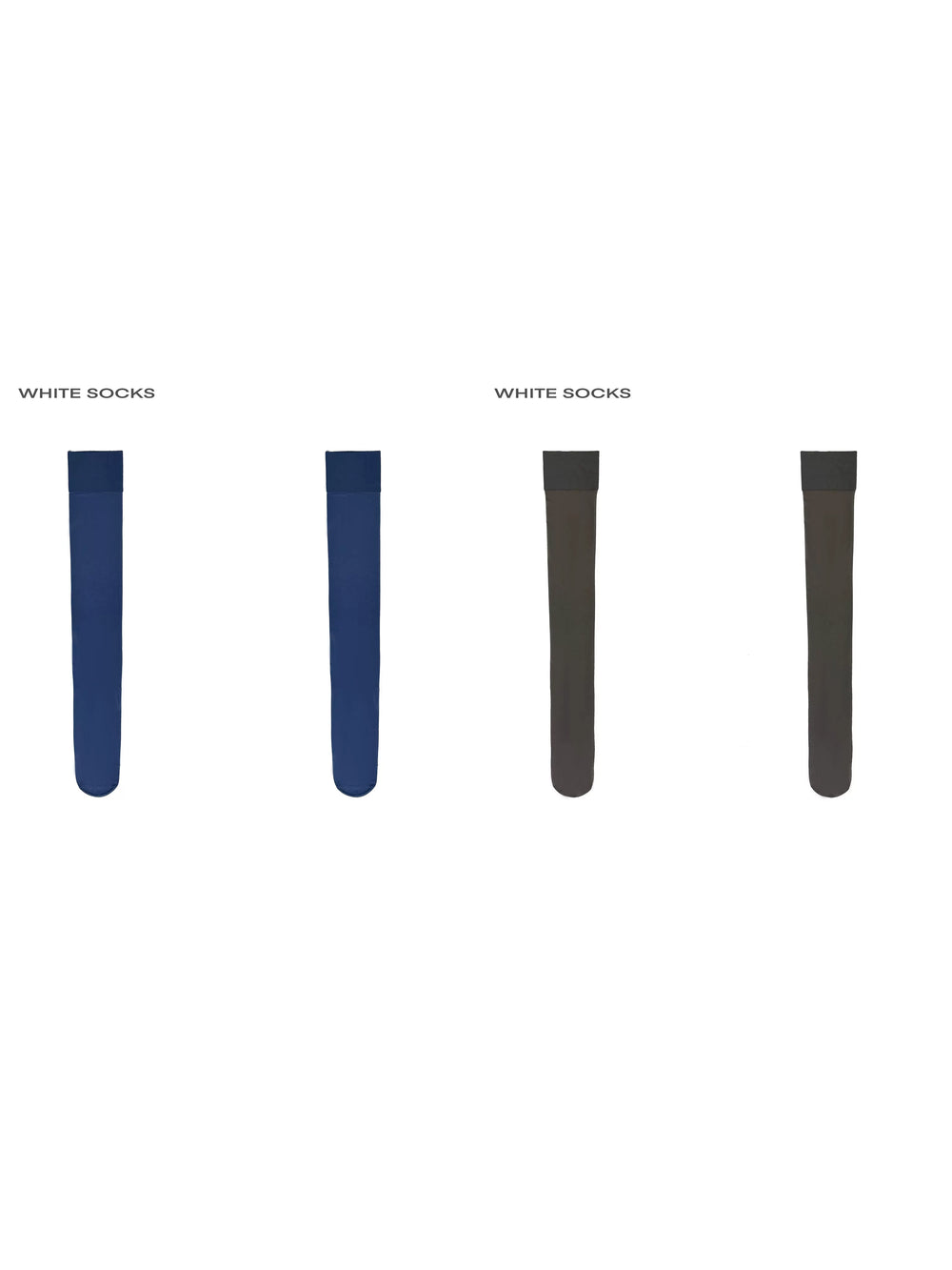 Sheer over-the-knee socks with wide top bands shown in grey, blue and black colourways.