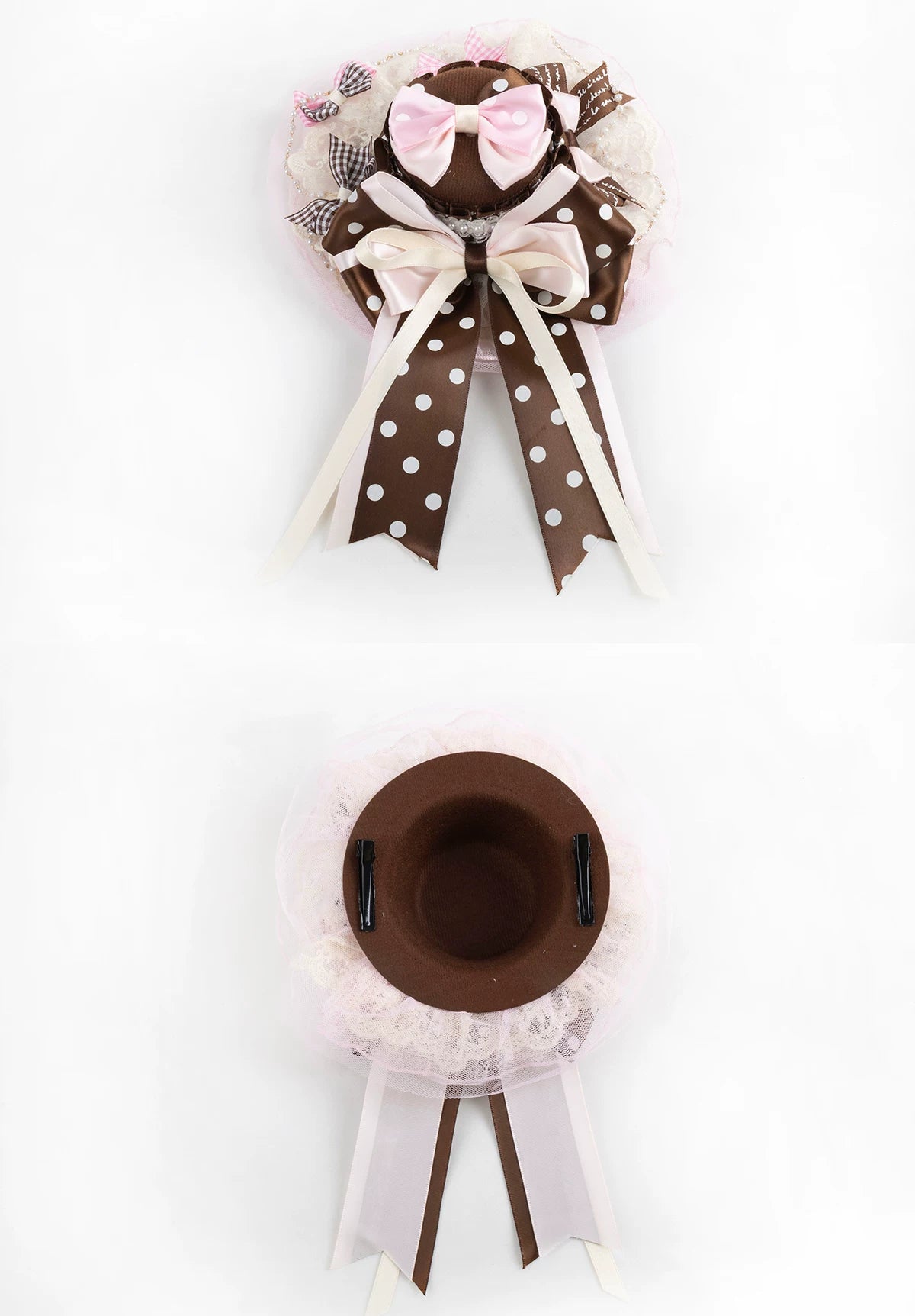 Lightbound Narrative - Chocolate Polka Dot - Headwear Options with Layered Lace and Ribbon Bows