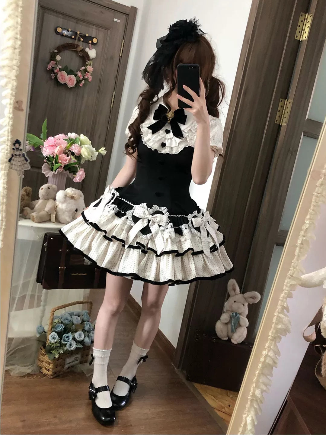 Creamy - Black and White Polka Dot - Lolita One-Piece Dress with a Tiered Ruffle Skirt