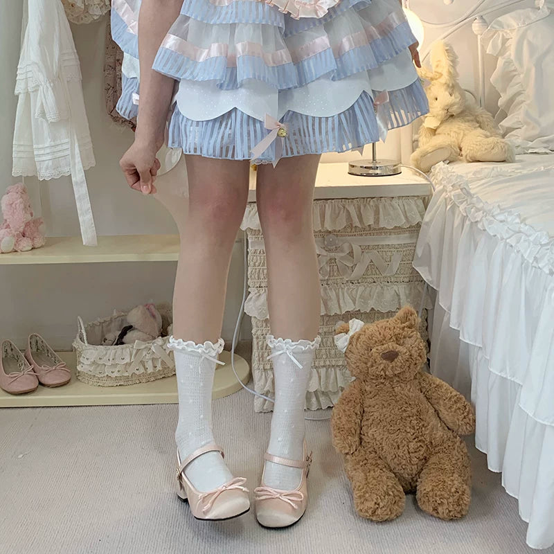 roji roji - Knee Blush - White Printed Tights with Knee-Blush Detail