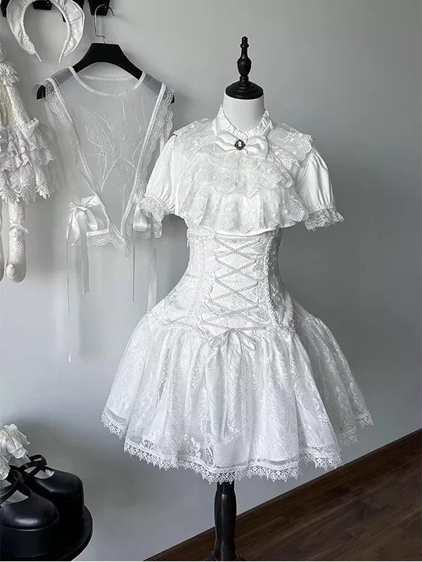 Creamy - White Gothic Lace - Blouse, Bib and Short Skirt Set with Corset Lacing