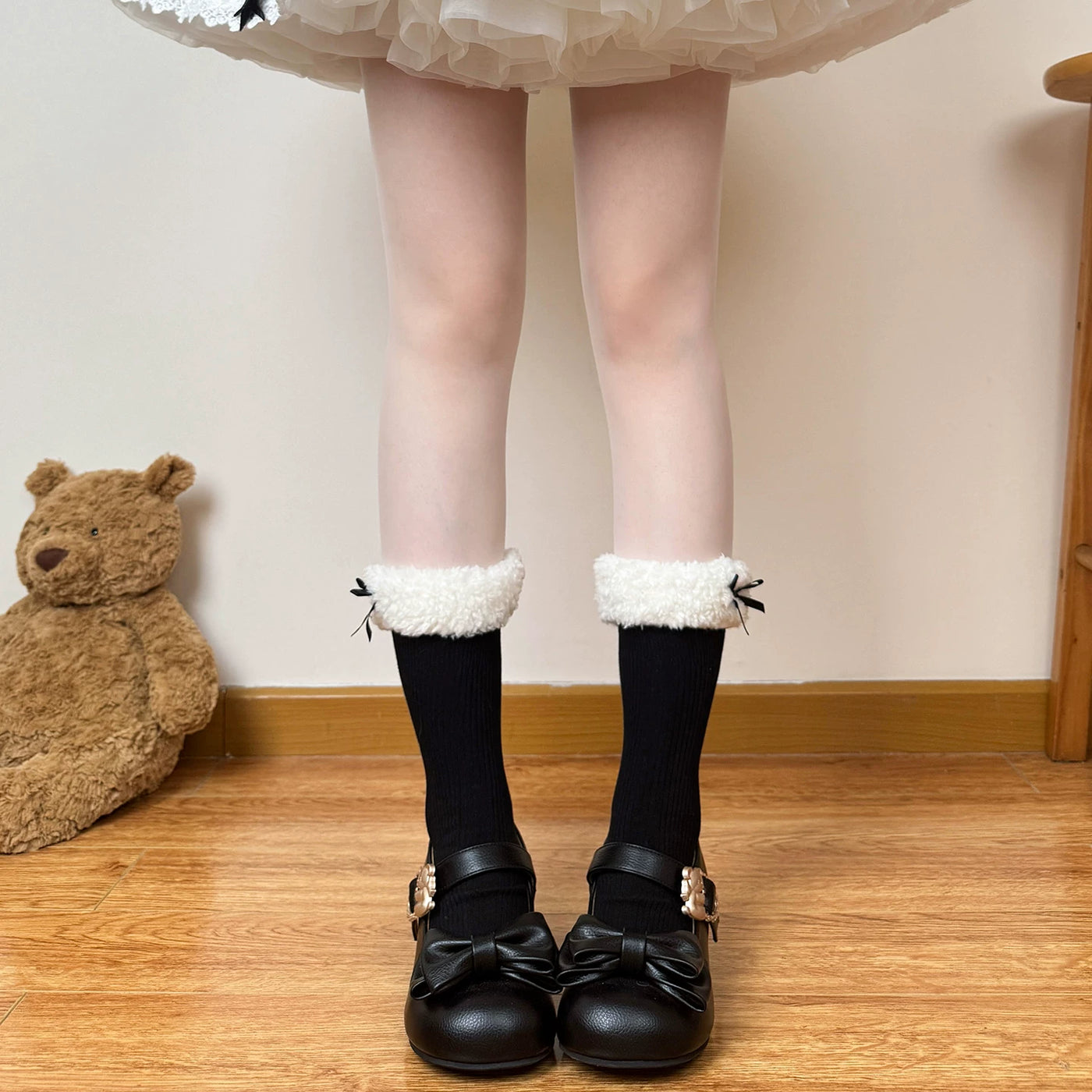 Chubby Bear Tales - Fleece Bow Layers - Fluffy Mid-Calf Socks with Ribbon Cuffs