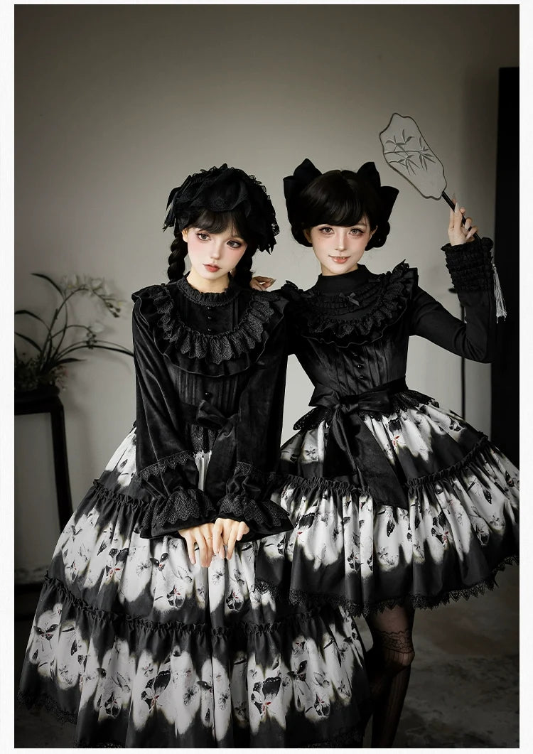 With PUJI - Dead Leaf Butterfly - Gothic Lolita JSK & OP Dress Set, Butterfly Print