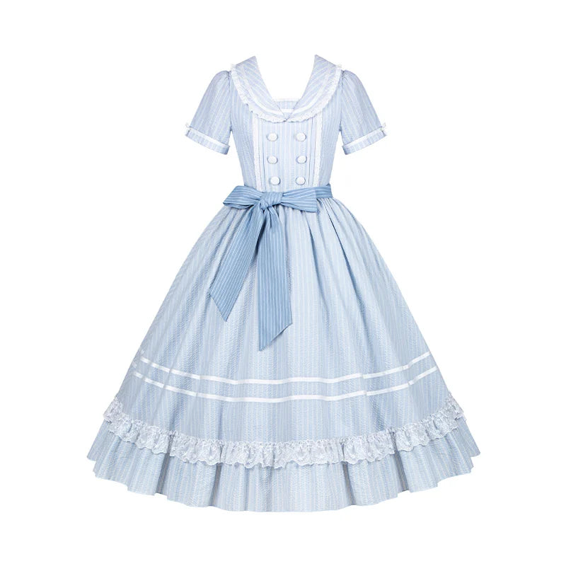 With PUJI - Seven-Day Bell - Blue Classic Lolita Striped OP Dress, Sailor Collar detail view 9