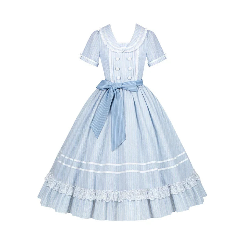 Seven-Day Bell - Blue Classic Lolita Striped OP Dress, Sailor Collar (L M S) 45166:837867