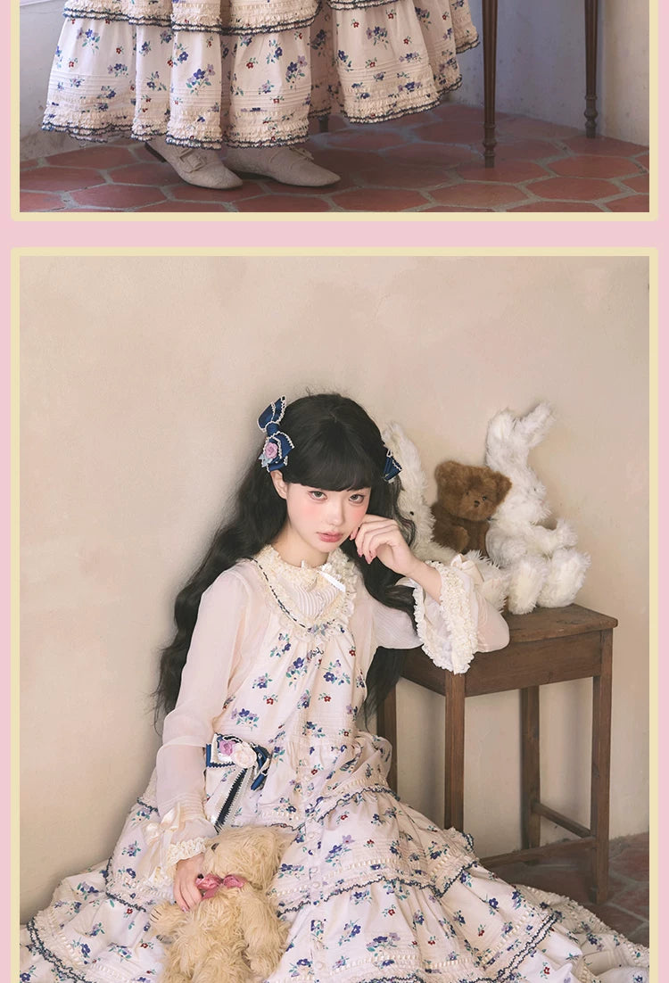 RichLolita - Spring Flowers - JSK Suspender Dress with Floral Print and Navy-Edged Frills