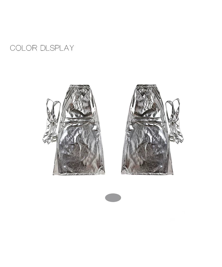 Silver crinkled mid-calf sock covers with tie straps shown as a pair.