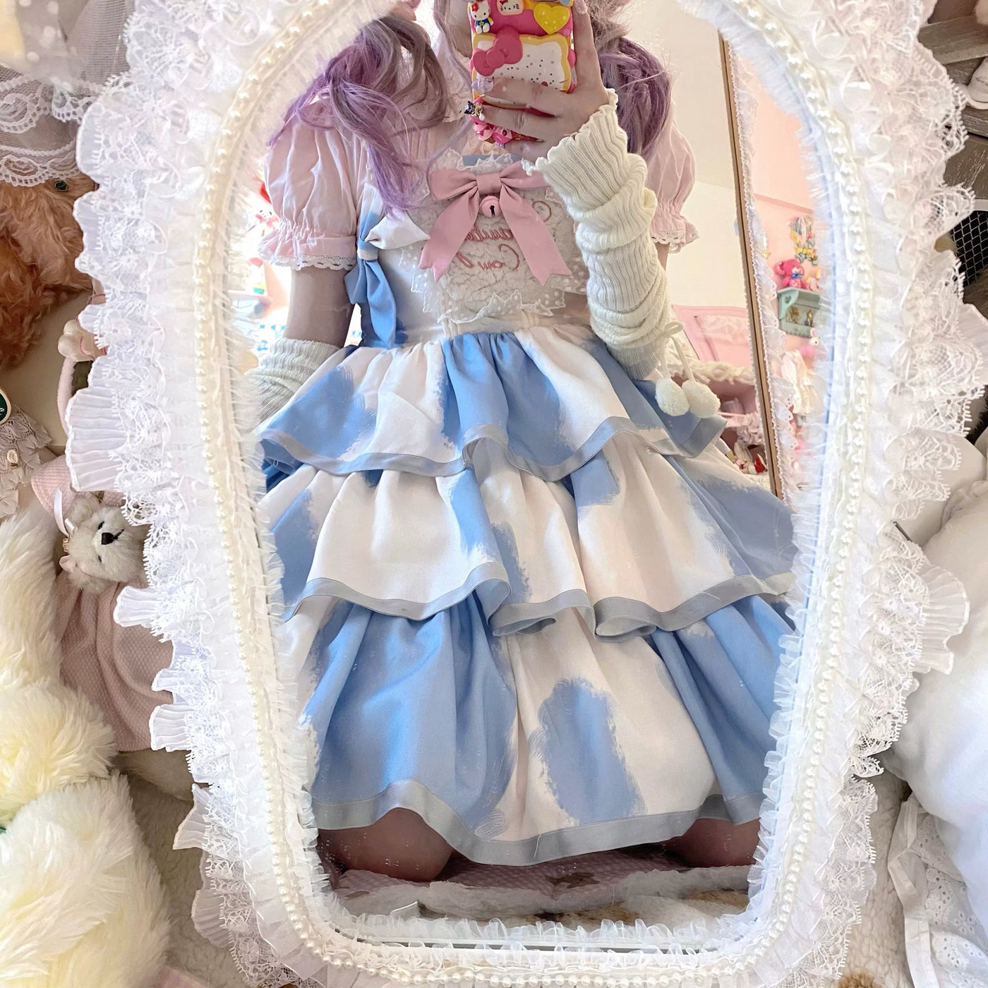 Tata Long Ear - Milk Cake Cow Print - Cow-Print JSK Dress with Three-Section Skirt